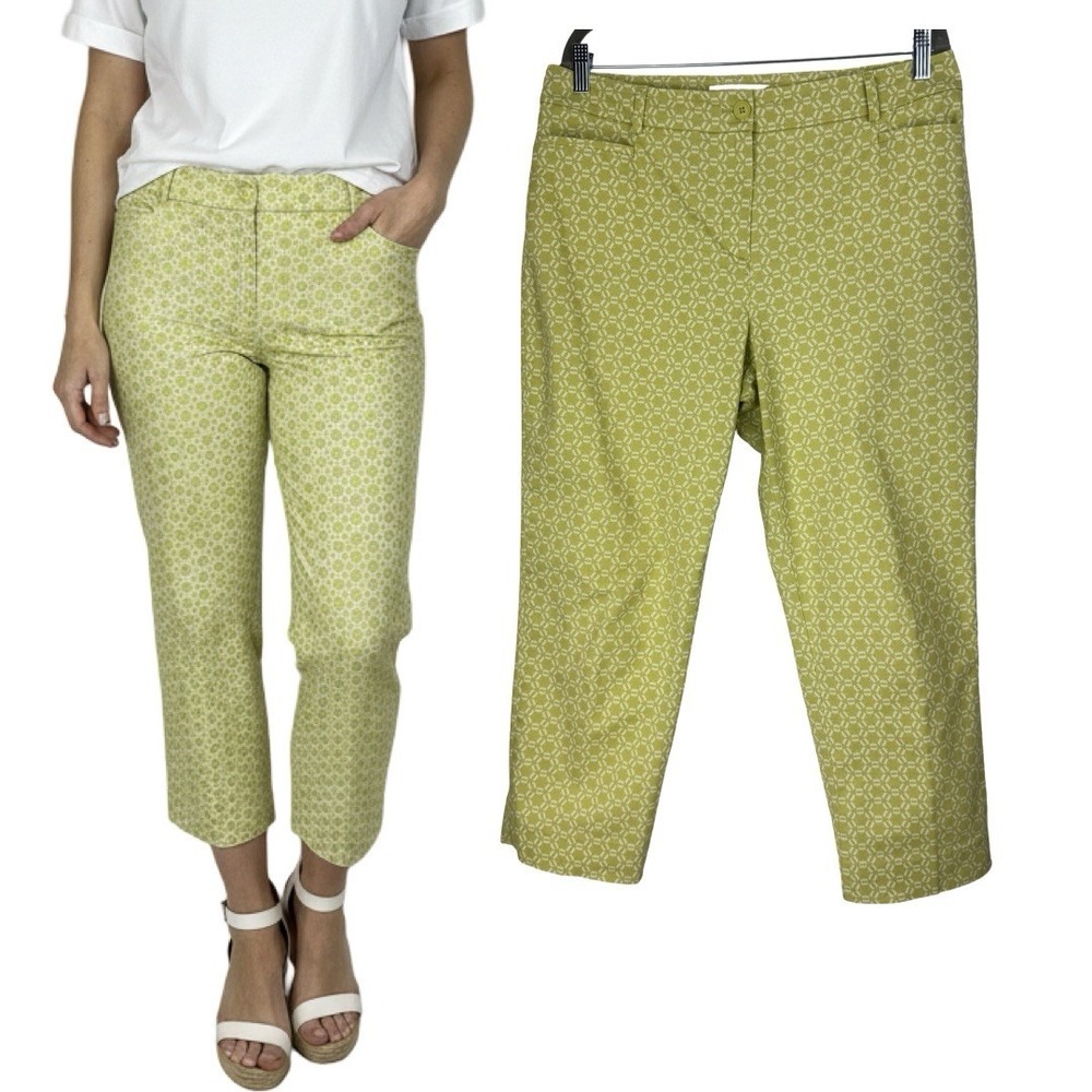 Talbots Women Geometric Print Green Cropped Pants Size 12 Casual Workwear Pants